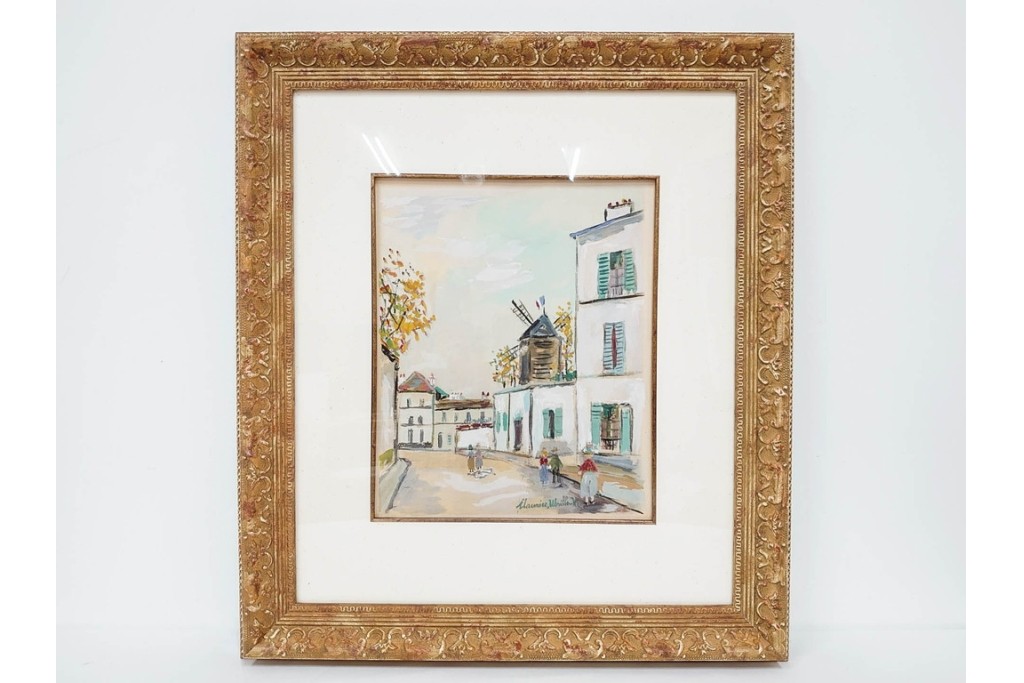 真作　1950年　モーリス・ユトリロ作　三越取り扱い　「モンマルトルのモチーフ(霊感の村)」情感あふれる街並みを描いたポショワール　外箱付き　(R-087208)