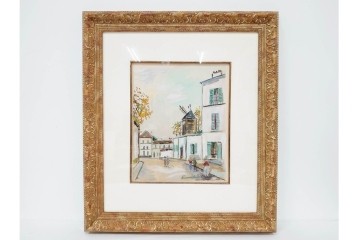 真作　1950年　モーリス・ユトリロ作　三越取り扱い　「モンマルトルのモチーフ(霊感の村)」情感あふれる街並みを描いたポショワール　外箱付き　(R-087208)