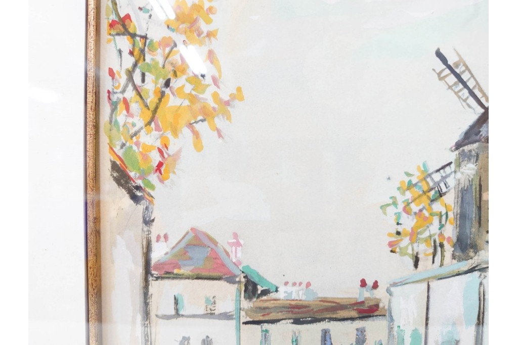 真作　1950年　モーリス・ユトリロ作　三越取り扱い　「モンマルトルのモチーフ(霊感の村)」情感あふれる街並みを描いたポショワール　外箱付き　(R-087208)