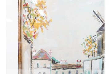 真作　1950年　モーリス・ユトリロ作　三越取り扱い　「モンマルトルのモチーフ(霊感の村)」情感あふれる街並みを描いたポショワール　外箱付き　(R-087208)