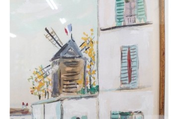 真作　1950年　モーリス・ユトリロ作　三越取り扱い　「モンマルトルのモチーフ(霊感の村)」情感あふれる街並みを描いたポショワール　外箱付き　(R-087208)