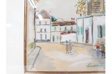 真作　1950年　モーリス・ユトリロ作　三越取り扱い　「モンマルトルのモチーフ(霊感の村)」情感あふれる街並みを描いたポショワール　外箱付き　(R-087208)