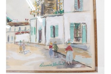 真作　1950年　モーリス・ユトリロ作　三越取り扱い　「モンマルトルのモチーフ(霊感の村)」情感あふれる街並みを描いたポショワール　外箱付き　(R-087208)