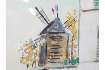 真作　1950年　モーリス・ユトリロ作　三越取り扱い　「モンマルトルのモチーフ(霊感の村)」情感あふれる街並みを描いたポショワール　外箱付き　(R-087208)