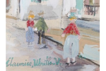 真作　1950年　モーリス・ユトリロ作　三越取り扱い　「モンマルトルのモチーフ(霊感の村)」情感あふれる街並みを描いたポショワール　外箱付き　(R-087208)