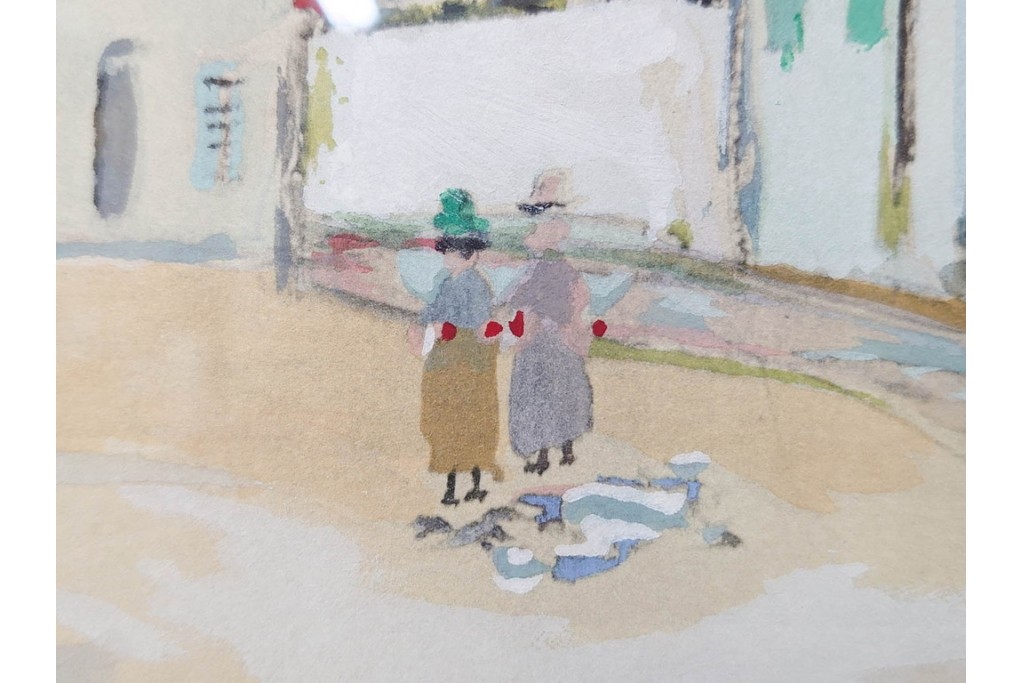 真作　1950年　モーリス・ユトリロ作　三越取り扱い　「モンマルトルのモチーフ(霊感の村)」情感あふれる街並みを描いたポショワール　外箱付き　(R-087208)