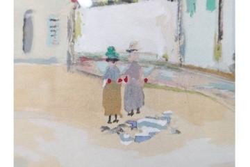 真作　1950年　モーリス・ユトリロ作　三越取り扱い　「モンマルトルのモチーフ(霊感の村)」情感あふれる街並みを描いたポショワール　外箱付き　(R-087208)