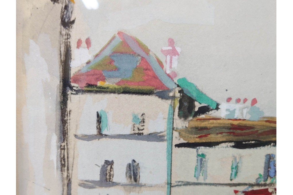 真作　1950年　モーリス・ユトリロ作　三越取り扱い　「モンマルトルのモチーフ(霊感の村)」情感あふれる街並みを描いたポショワール　外箱付き　(R-087208)