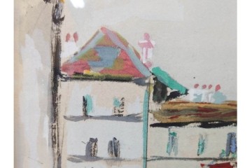 真作　1950年　モーリス・ユトリロ作　三越取り扱い　「モンマルトルのモチーフ(霊感の村)」情感あふれる街並みを描いたポショワール　外箱付き　(R-087208)