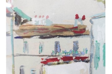 真作　1950年　モーリス・ユトリロ作　三越取り扱い　「モンマルトルのモチーフ(霊感の村)」情感あふれる街並みを描いたポショワール　外箱付き　(R-087208)