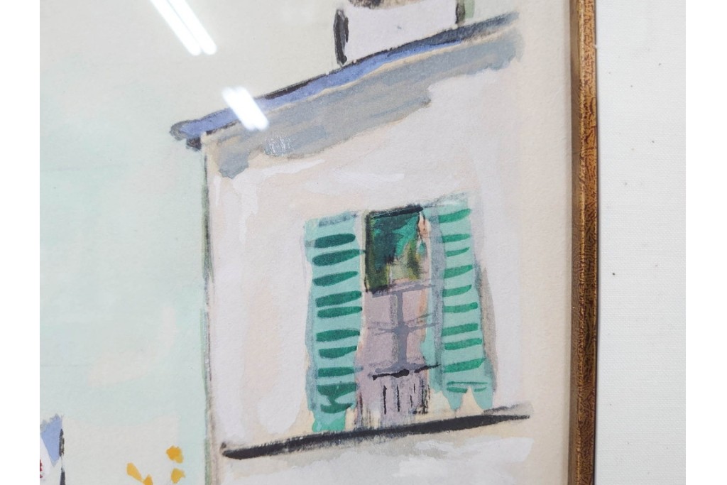 真作　1950年　モーリス・ユトリロ作　三越取り扱い　「モンマルトルのモチーフ(霊感の村)」情感あふれる街並みを描いたポショワール　外箱付き　(R-087208)