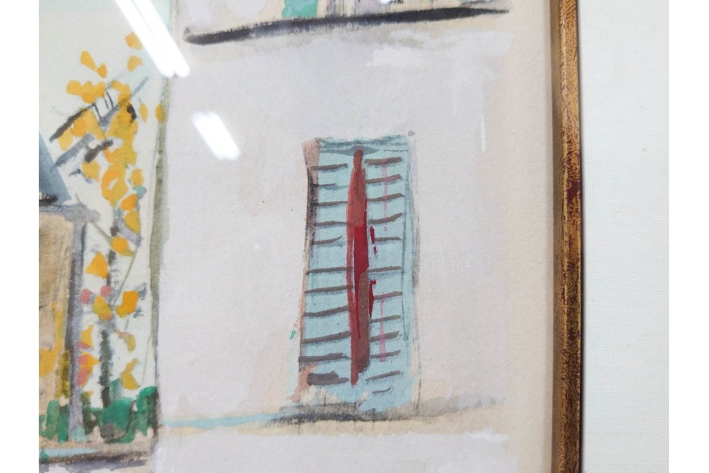 真作　1950年　モーリス・ユトリロ作　三越取り扱い　「モンマルトルのモチーフ(霊感の村)」情感あふれる街並みを描いたポショワール　外箱付き　(R-087208)