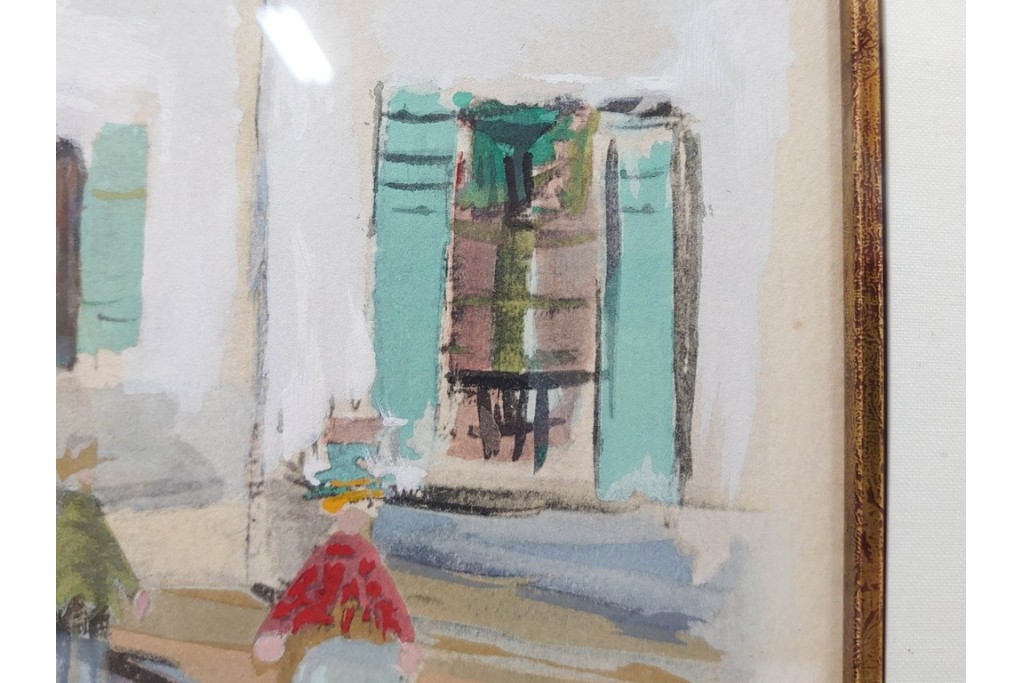 真作　1950年　モーリス・ユトリロ作　三越取り扱い　「モンマルトルのモチーフ(霊感の村)」情感あふれる街並みを描いたポショワール　外箱付き　(R-087208)