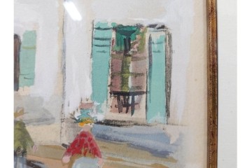 真作　1950年　モーリス・ユトリロ作　三越取り扱い　「モンマルトルのモチーフ(霊感の村)」情感あふれる街並みを描いたポショワール　外箱付き　(R-087208)