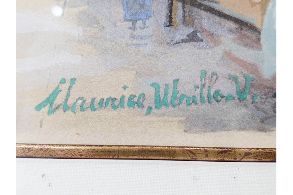 真作　1950年　モーリス・ユトリロ作　三越取り扱い　「モンマルトルのモチーフ(霊感の村)」情感あふれる街並みを描いたポショワール　外箱付き　(R-087208)