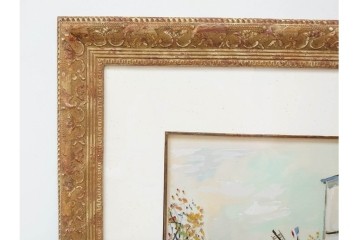 真作　1950年　モーリス・ユトリロ作　三越取り扱い　「モンマルトルのモチーフ(霊感の村)」情感あふれる街並みを描いたポショワール　外箱付き　(R-087208)