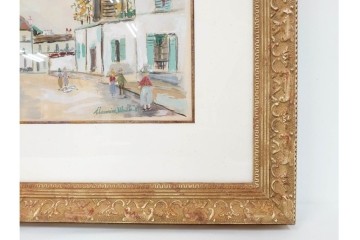 真作　1950年　モーリス・ユトリロ作　三越取り扱い　「モンマルトルのモチーフ(霊感の村)」情感あふれる街並みを描いたポショワール　外箱付き　(R-087208)