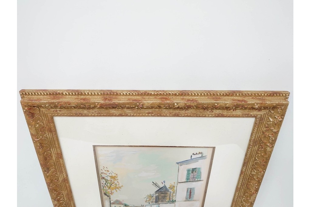 真作　1950年　モーリス・ユトリロ作　三越取り扱い　「モンマルトルのモチーフ(霊感の村)」情感あふれる街並みを描いたポショワール　外箱付き　(R-087208)