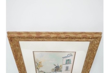 真作　1950年　モーリス・ユトリロ作　三越取り扱い　「モンマルトルのモチーフ(霊感の村)」情感あふれる街並みを描いたポショワール　外箱付き　(R-087208)