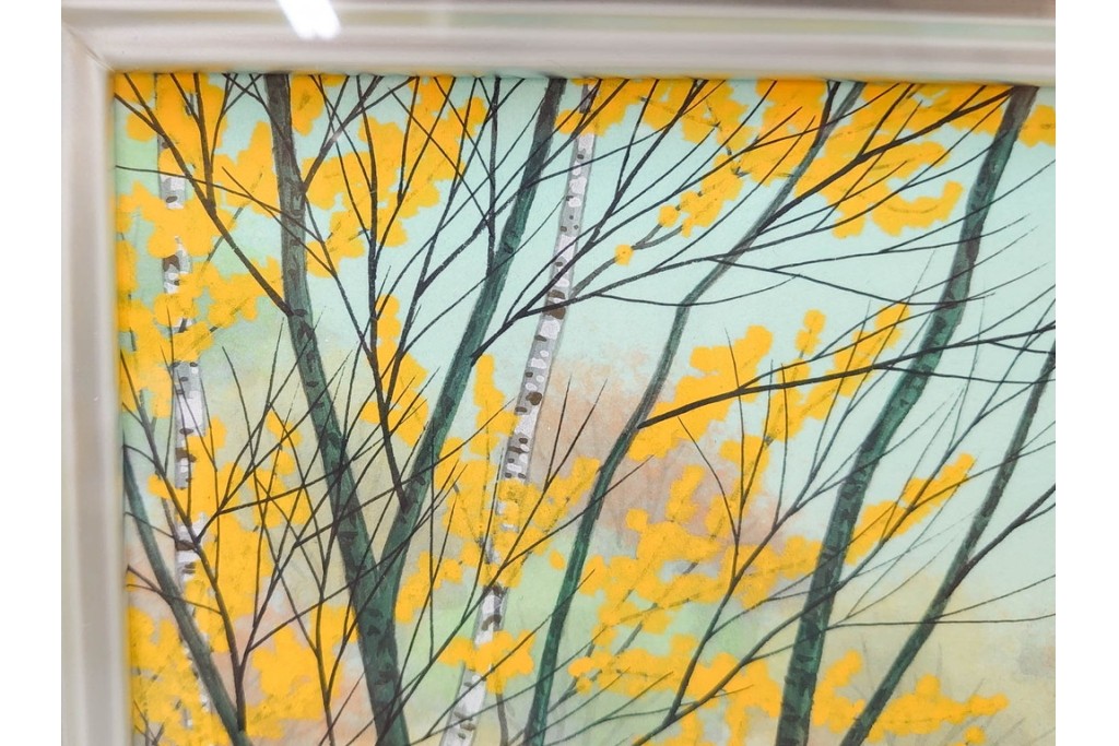 真作　中村宗弘作　日本画　「秋湖」　湖面に映る紅葉が美しい絵画　外箱付き　(R-087209)