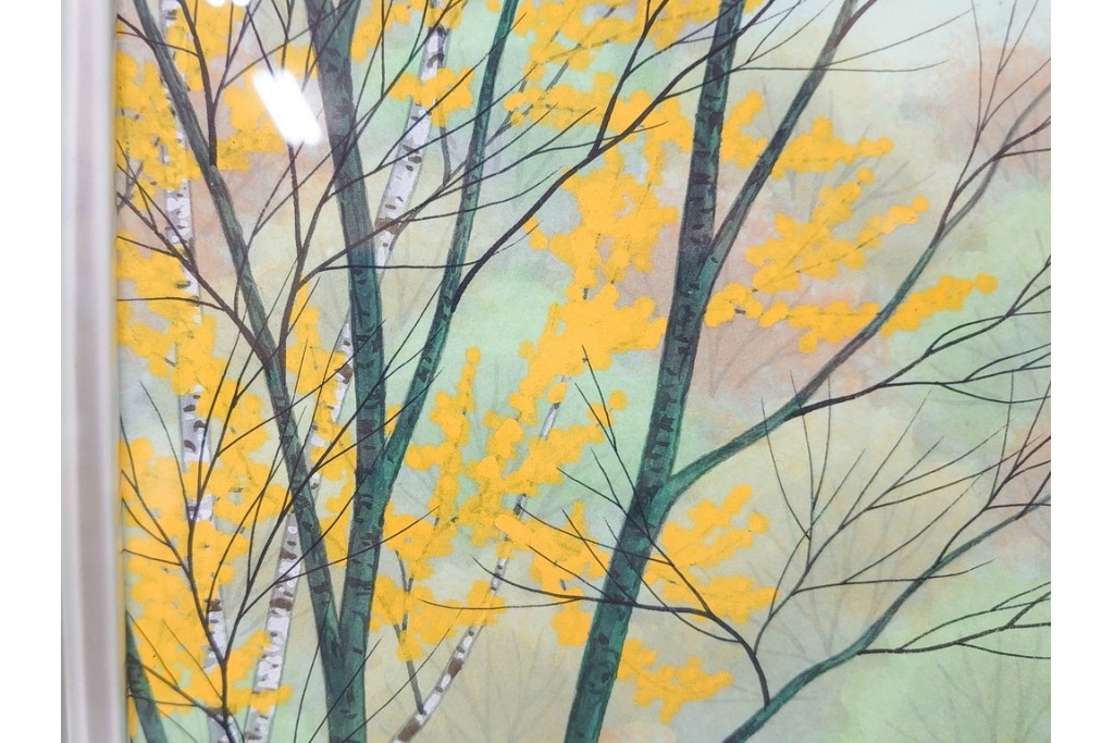 真作　中村宗弘作　日本画　「秋湖」　湖面に映る紅葉が美しい絵画　外箱付き　(R-087209)