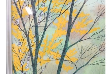 真作　中村宗弘作　日本画　「秋湖」　湖面に映る紅葉が美しい絵画　外箱付き　(R-087209)