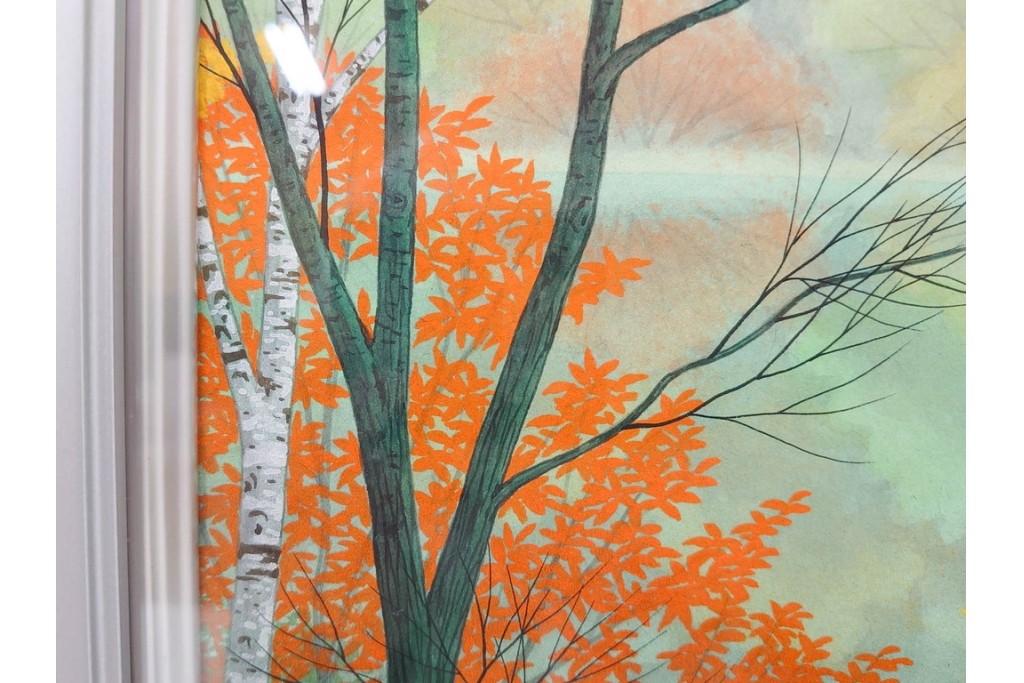 真作　中村宗弘作　日本画　「秋湖」　湖面に映る紅葉が美しい絵画　外箱付き　(R-087209)