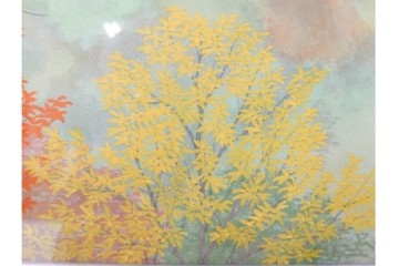 真作　中村宗弘作　日本画　「秋湖」　湖面に映る紅葉が美しい絵画　外箱付き　(R-087209)