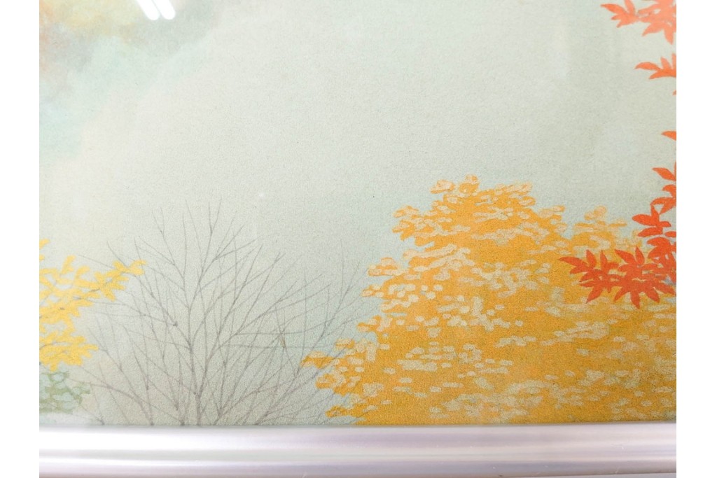 真作　中村宗弘作　日本画　「秋湖」　湖面に映る紅葉が美しい絵画　外箱付き　(R-087209)