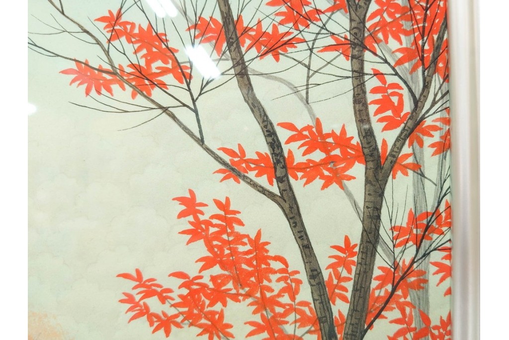 真作　中村宗弘作　日本画　「秋湖」　湖面に映る紅葉が美しい絵画　外箱付き　(R-087209)