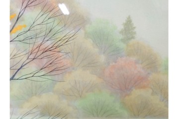 真作　中村宗弘作　日本画　「秋湖」　湖面に映る紅葉が美しい絵画　外箱付き　(R-087209)