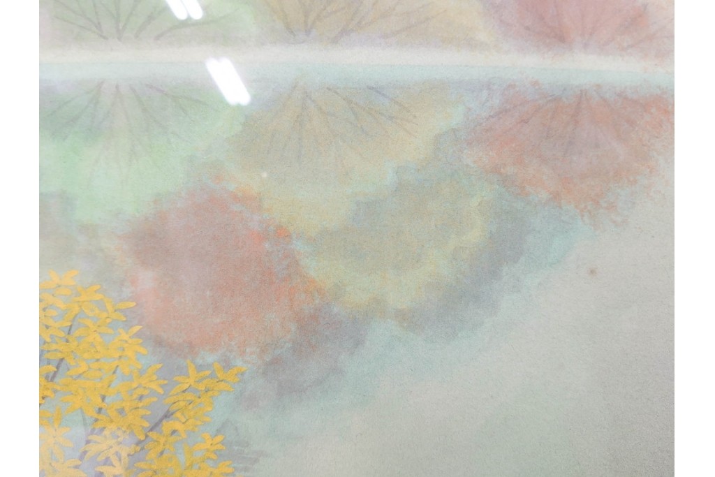 真作　中村宗弘作　日本画　「秋湖」　湖面に映る紅葉が美しい絵画　外箱付き　(R-087209)