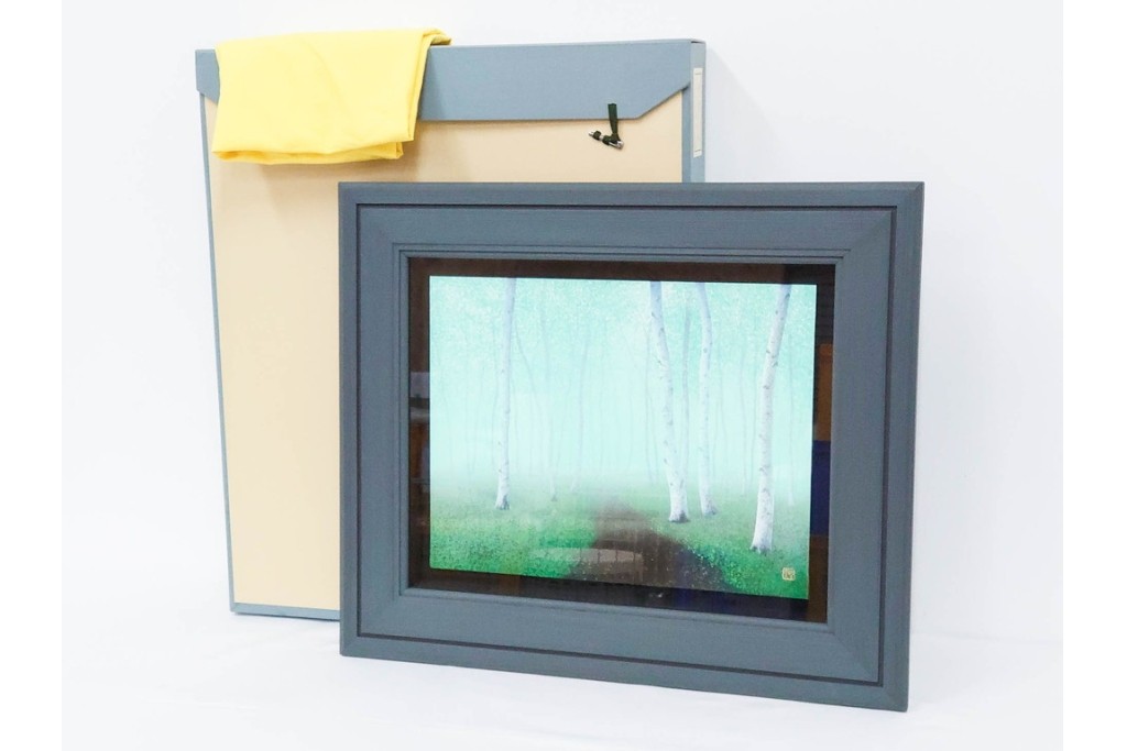 真作　佐々木裕而作　日本画　F6号　「翠靄」　幻想的な白樺林が描かれた絵画　外箱付き　(R-087210)