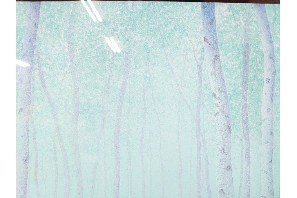 真作　佐々木裕而作　日本画　F6号　「翠靄」　幻想的な白樺林が描かれた絵画　外箱付き　(R-087210)