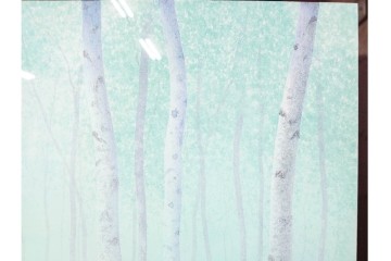 真作　佐々木裕而作　日本画　F6号　「翠靄」　幻想的な白樺林が描かれた絵画　外箱付き　(R-087210)