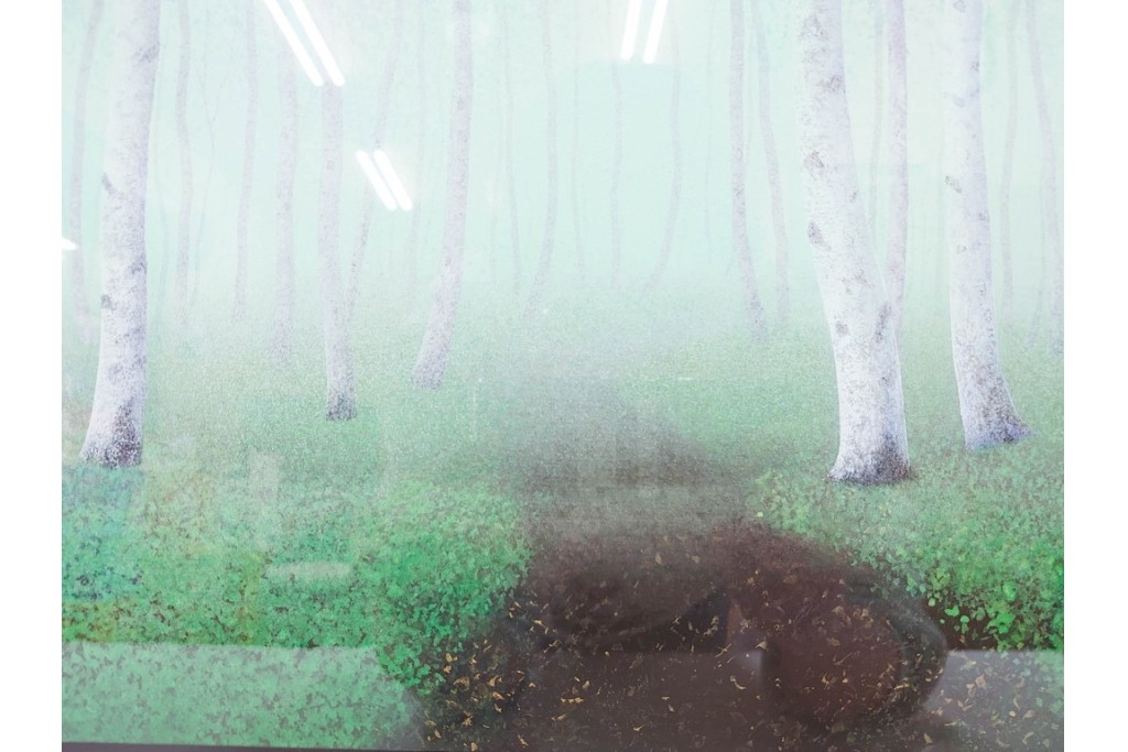 真作　佐々木裕而作　日本画　F6号　「翠靄」　幻想的な白樺林が描かれた絵画　外箱付き　(R-087210)