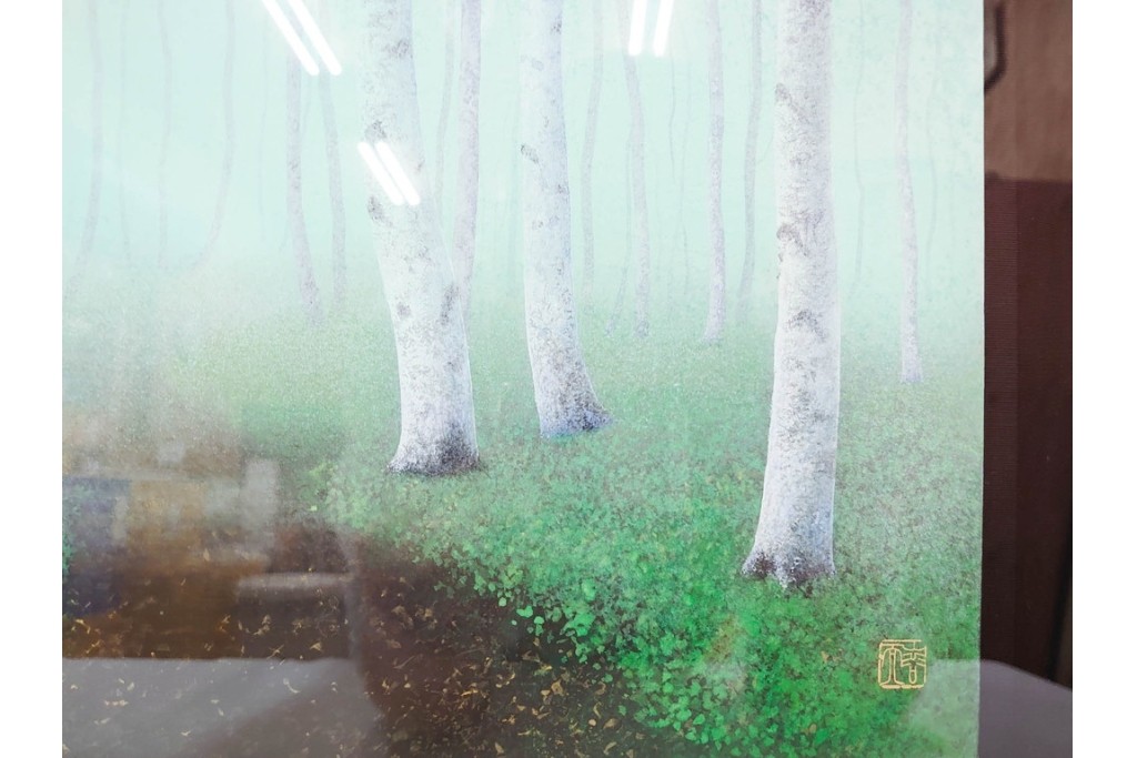 真作　佐々木裕而作　日本画　F6号　「翠靄」　幻想的な白樺林が描かれた絵画　外箱付き　(R-087210)