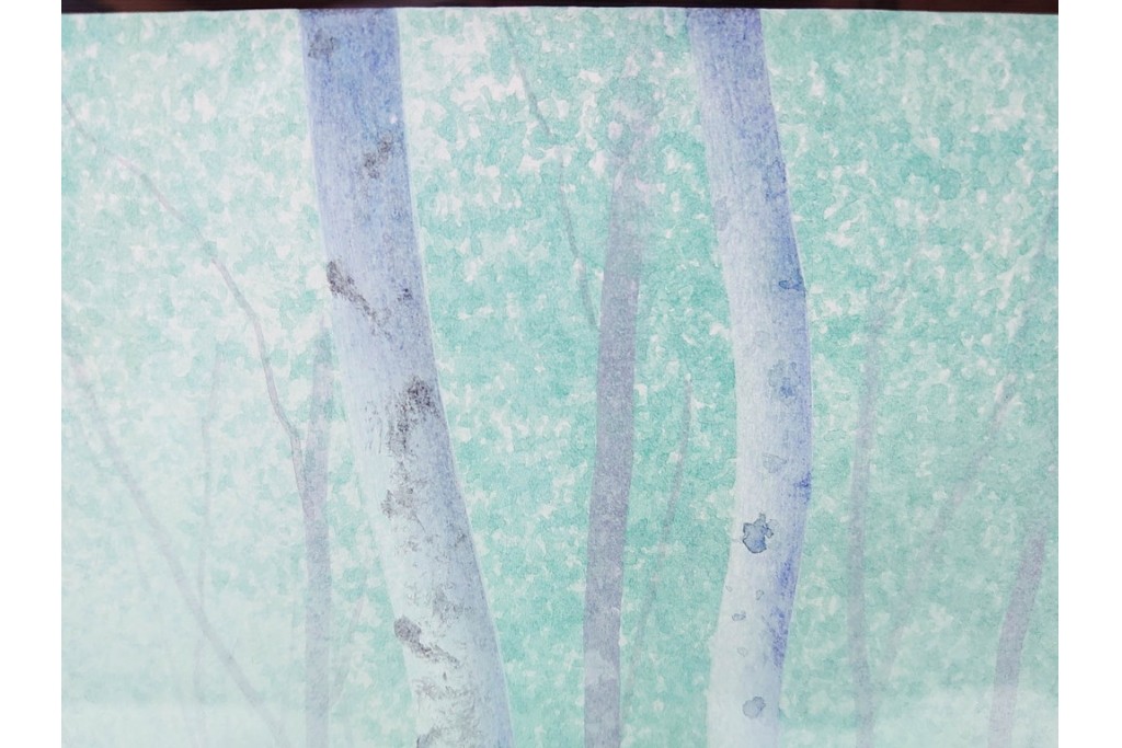 真作　佐々木裕而作　日本画　F6号　「翠靄」　幻想的な白樺林が描かれた絵画　外箱付き　(R-087210)