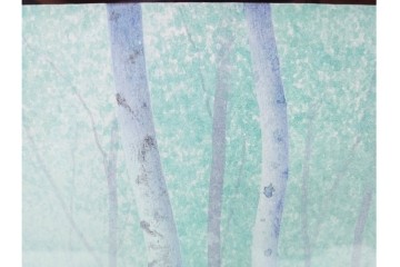 真作　佐々木裕而作　日本画　F6号　「翠靄」　幻想的な白樺林が描かれた絵画　外箱付き　(R-087210)