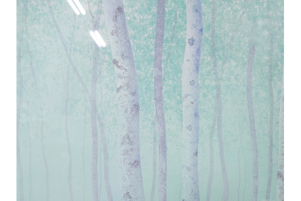 真作　佐々木裕而作　日本画　F6号　「翠靄」　幻想的な白樺林が描かれた絵画　外箱付き　(R-087210)