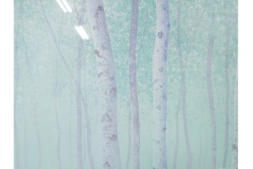 真作　佐々木裕而作　日本画　F6号　「翠靄」　幻想的な白樺林が描かれた絵画　外箱付き　(R-087210)