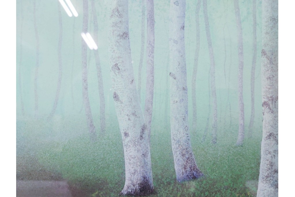 真作　佐々木裕而作　日本画　F6号　「翠靄」　幻想的な白樺林が描かれた絵画　外箱付き　(R-087210)