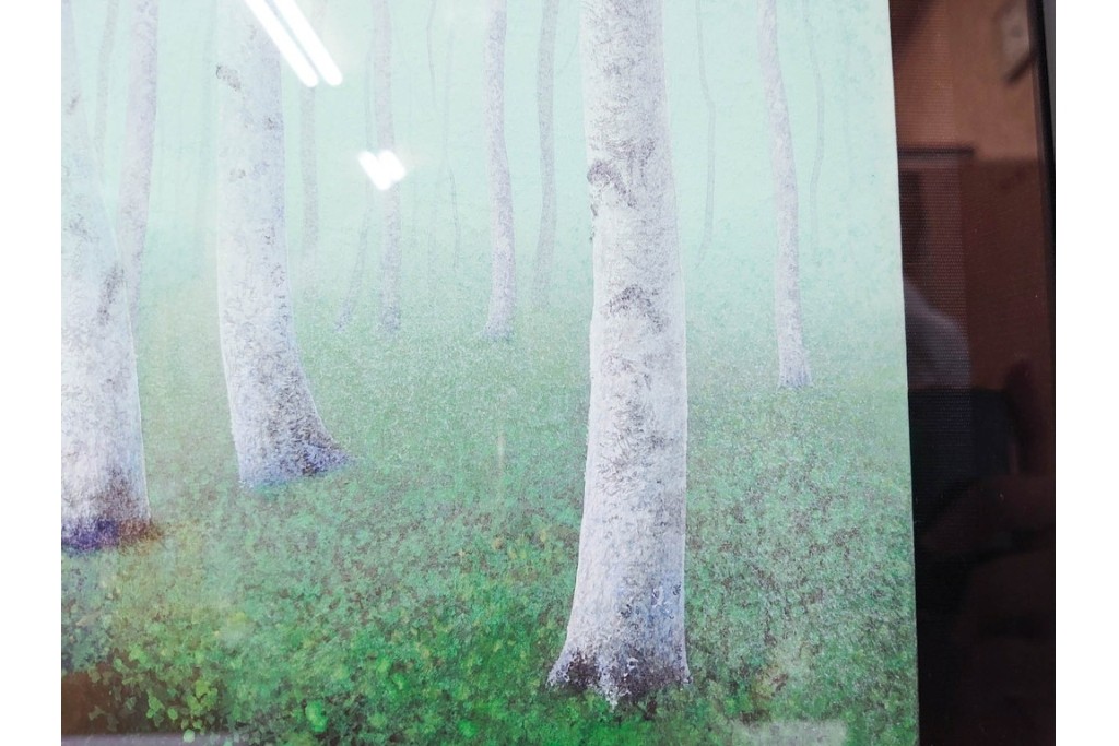 真作　佐々木裕而作　日本画　F6号　「翠靄」　幻想的な白樺林が描かれた絵画　外箱付き　(R-087210)
