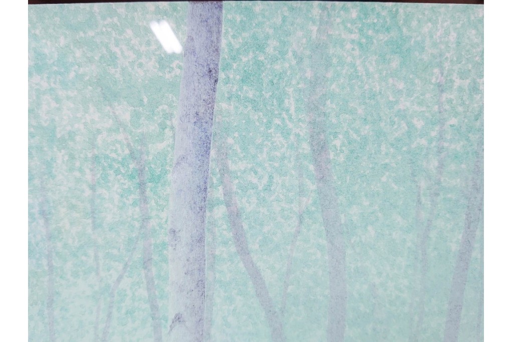 真作　佐々木裕而作　日本画　F6号　「翠靄」　幻想的な白樺林が描かれた絵画　外箱付き　(R-087210)