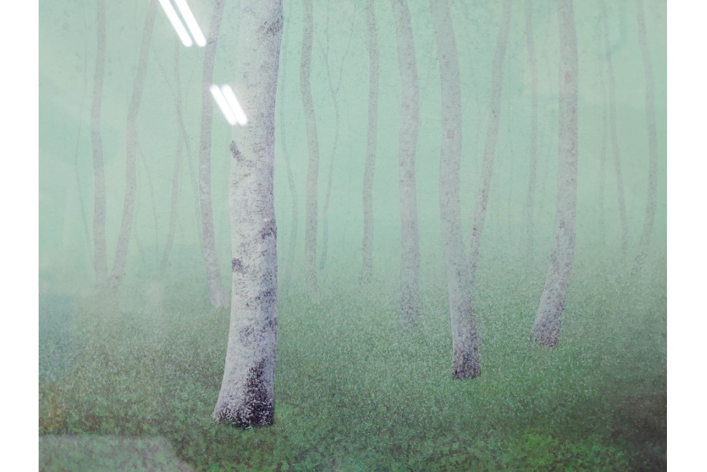 真作　佐々木裕而作　日本画　F6号　「翠靄」　幻想的な白樺林が描かれた絵画　外箱付き　(R-087210)