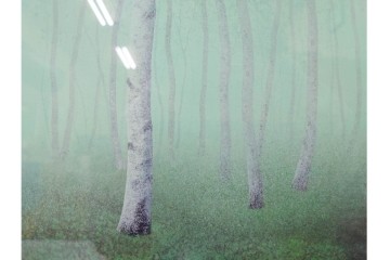 真作　佐々木裕而作　日本画　F6号　「翠靄」　幻想的な白樺林が描かれた絵画　外箱付き　(R-087210)