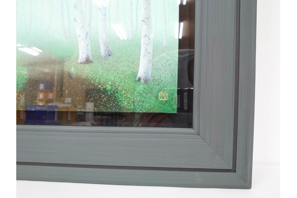 真作　佐々木裕而作　日本画　F6号　「翠靄」　幻想的な白樺林が描かれた絵画　外箱付き　(R-087210)