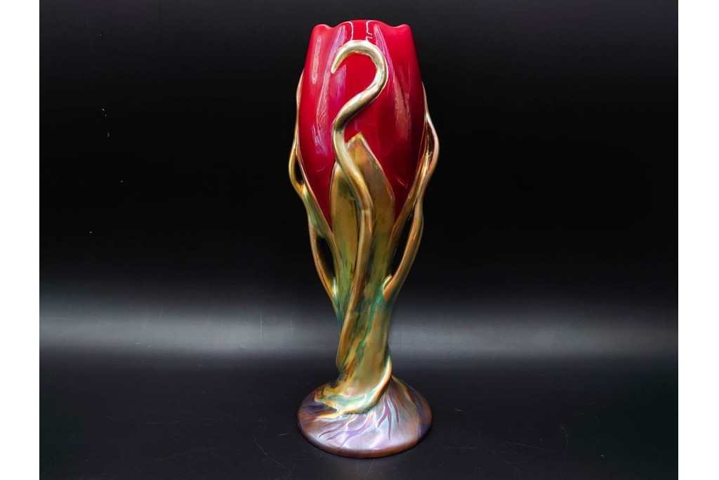 ハンガリー　Zsolnay(ジョルナイ)　エオシン釉?　高さ約28cm　チューリップの意匠が印象的な花瓶　(R-087216)