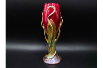 ハンガリー　Zsolnay(ジョルナイ)　エオシン釉?　高さ約28cm　チューリップの意匠が印象的な花瓶　(R-087216)