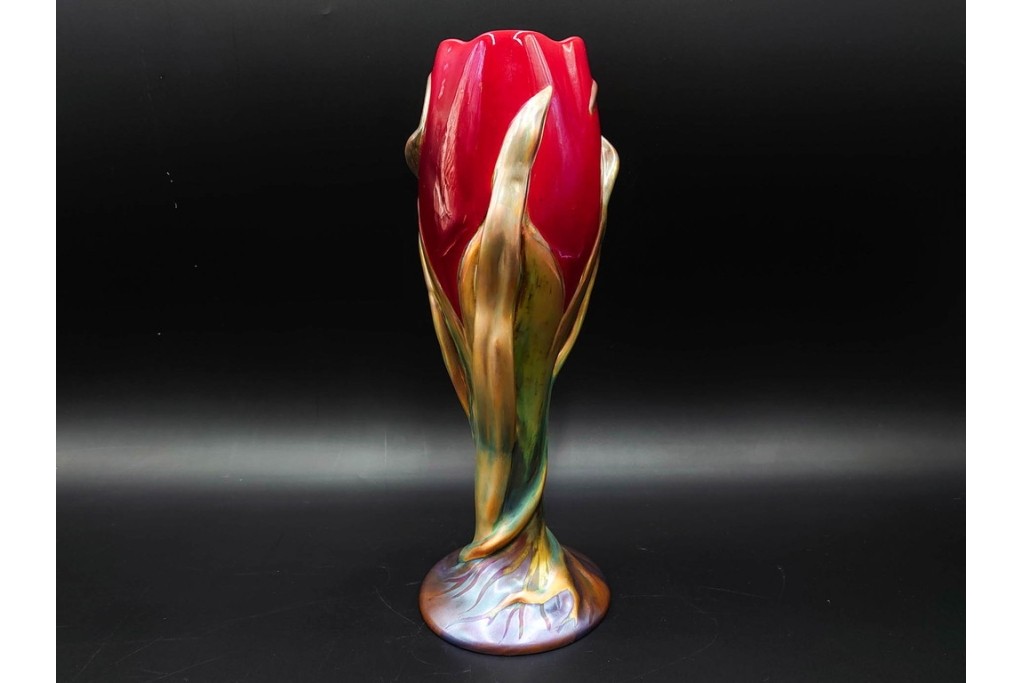 ハンガリー　Zsolnay(ジョルナイ)　エオシン釉?　高さ約28cm　チューリップの意匠が印象的な花瓶　(R-087216)